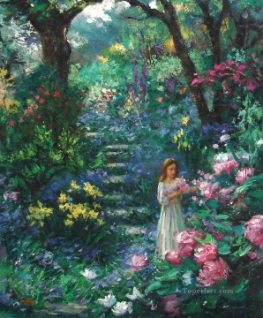 Impressionism Painting - girl woods flowers